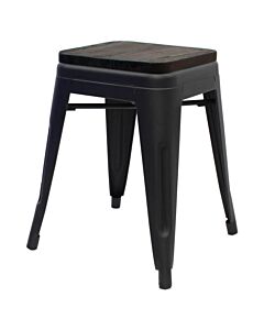 Tolix Style 46cm Low Stool Matte Black with Wooden Seat