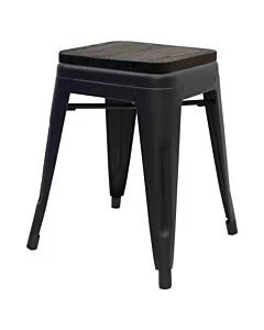 Tolix Style 46cm Low Stool Matte Black with Wooden Seat