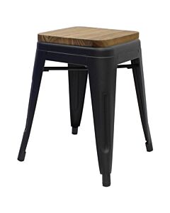 Tolix Style 46cm Low Stool Matte Black with Wooden Seat