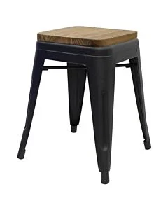 Tolix Style 46cm Low Stool Matte Black with Wooden Seat