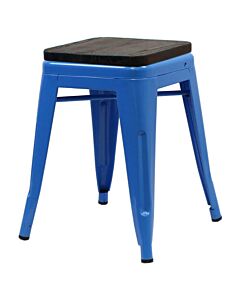 Profile View of Blue Tolix Low Stool with Oak Wooden Seat
