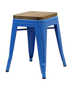 Profile View of Blue Tolix Low Stool with Oak Wooden Seat