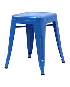 Profile view of Blue Tolix Low Stool
