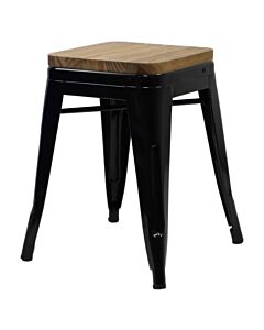 Tolix Style 46cm Low Stool Gloss Black with Wooden Seat