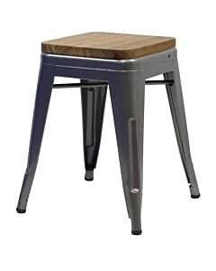 Tolix Style 46cm Low Stool Gloss Gun Metal with Wooden Seat