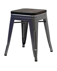 Tolix Style 46cm Low Stool Gloss Gun Metal with Wooden Seat