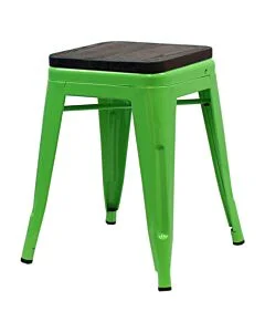 Tolix Style 46cm Low Stool Green with Wooden Seat