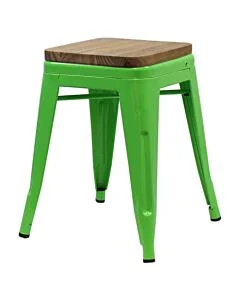 Tolix Style 46cm Low Stool Green with Wooden Seat
