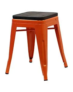 Profile View of Orange Tolix Low Stool with Walnut Wooden Seat