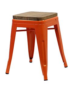 Profile View of Orange Tolix Low Stool with Walnut Wooden Seat