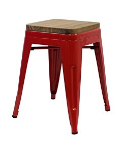 Tolix Style 46cm Low Stool Red with Wooden Seat