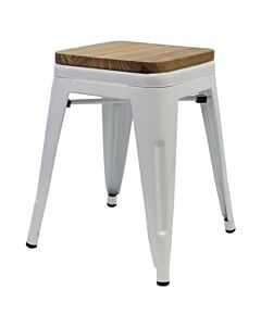 Tolix Style 46cm Low Stool White with Wooden Seat