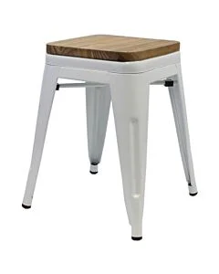 Tolix Style 46cm Low Stool White with Wooden Seat