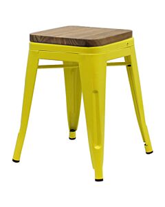 Tolix Style 46cm Low Stool Yellow with Wooden Seat