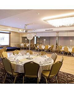 Profile view of Diamond Steel Banqueting Chair in Gold Fabric