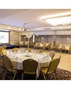 Profile view of Diamond Steel Banqueting Chair in Gold Fabric