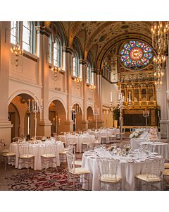 Profile View of Resin Napoleon Banqueting Chair with Blue Seat Pad