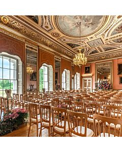 Profile view of Natural Cheltenham Banqueting Chair with Red Seat Pad