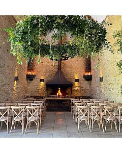 Profile view of Oak Frame Distressed Finish Crossback Banqueting Chair