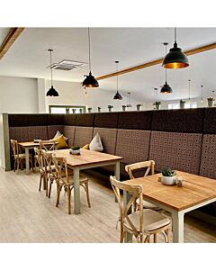 Profile view of Oak Frame Distressed Finish Crossback Banqueting Chair with Rattan Seat Pad