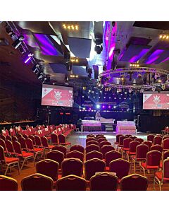 Profile view of Diamond Aluminium Banqueting Chair in Red Fabric
