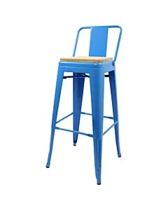 Tolix Style 76cm Bar Height Stool Low Back with Wooden Seat - Blue