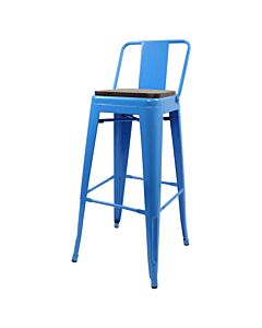 Tolix Style 76cm Bar Height Stool Low Back with Wooden Seat - Blue