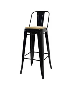 Tolix Style 76cm Bar Height Stool Low Back Gloss Black with Wooden Seat