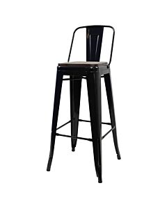 Tolix Style 76cm Bar Height Stool Low Back Gloss Black with Wooden Seat