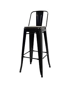 Tolix Style 76cm Bar Height Stool Low Back Gloss Black with Wooden Seat