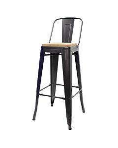 Tolix Style 76cm Bar Height Stool Low Back with Wooden Seat - Gloss Gun Metal