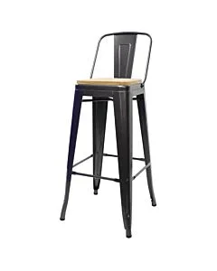 Tolix Style 76cm Bar Height Stool Low Back with Wooden Seat - Gloss Gun Metal