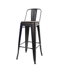 Tolix Style 76cm Bar Height Stool Low Back with Wooden Seat - Gloss Gun Metal