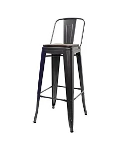 Tolix Style 76cm Bar Height Stool Low Back with Wooden Seat - Gloss Gun Metal