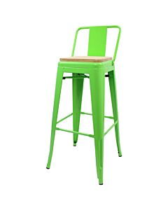 Tolix Style 76cm Bar Height Stool Low Back with Wooden Seat - Green