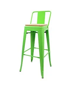 Tolix Style 76cm Bar Height Stool Low Back with Wooden Seat - Green