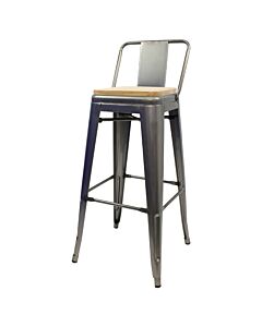 Tolix Style 76cm Bar Height Stool Low Back with Wooden Seat - Industrial Grey