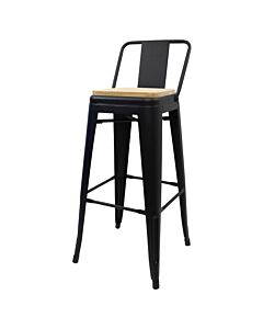 Tolix Style 76cm Bar Height Stool Low Back with Wooden Seat - Matte Black