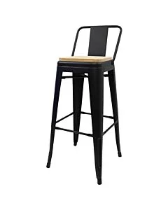 Tolix Style 76cm Bar Height Stool Low Back with Wooden Seat - Matte Black