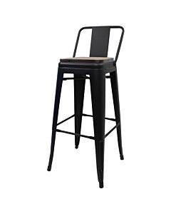 Tolix Style 76cm Bar Height Stool Low Back with Wooden Seat - Matte Black