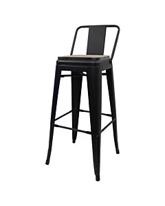 Tolix Style 76cm Bar Height Stool Low Back with Wooden Seat - Matte Black