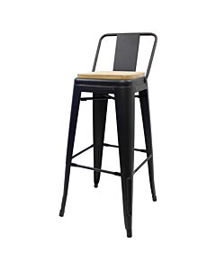Tolix Style 76cm Bar Height Stool Low Back with Wooden Seat - Matte Gun Metal