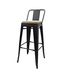 Tolix Style 76cm Bar Height Stool Low Back with Wooden Seat - Matte Gun Metal