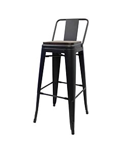 Tolix Style 76cm Bar Height Stool Low Back with Wooden Seat - Matte Gun Metal