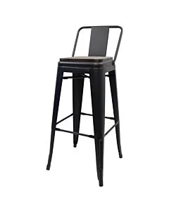 Tolix Style 76cm Bar Height Stool Low Back with Wooden Seat - Matte Gun Metal