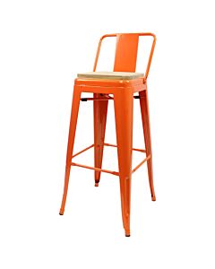 Tolix Style 76cm Bar Height Stool Low Back with Wooden Seat - Orange