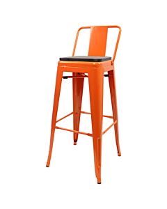 Tolix Style 76cm Bar Height Stool Low Back with Wooden Seat - Orange