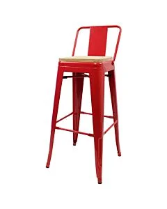 Tolix Style 76cm Bar Height Stool Low Back with Wooden Seat - Red