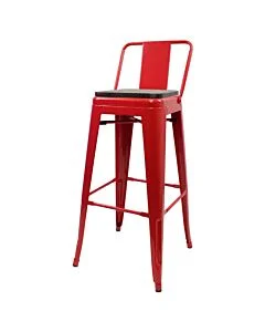 Tolix Style 76cm Bar Height Stool Low Back with Wooden Seat - Red