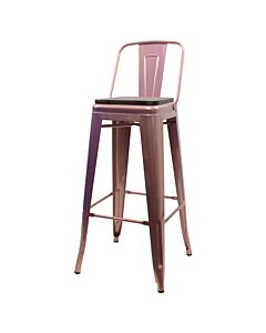 Tolix Style 76cm Bar Height Stool Low Back with Wooden Seat - Rose Gold